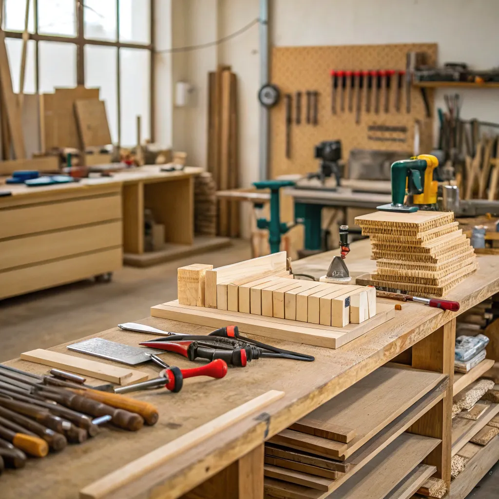 Workshop with tools and wood materials